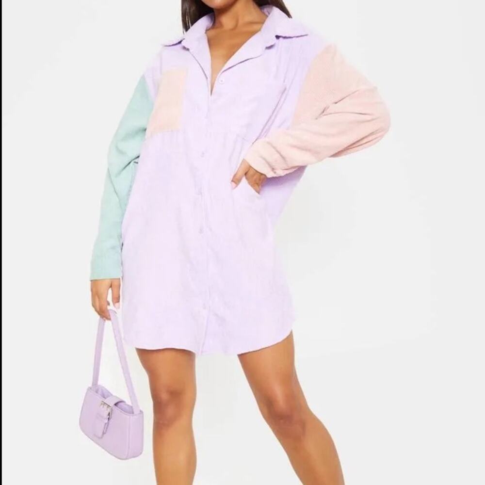 PRETTY LITTLE THINGS 10 color block corduroy pocket front oversized shirt dress